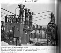 Plate XXIV (a). Switch Yard in Modern Power Station. The high-voltage circuits are made and broken in a switch yard outside the power station building through circuit breakers operated by low-voltage current. (Photo: Reyrolle & Co.)