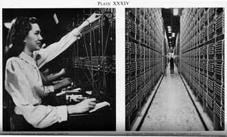 Plate XXXIV (a). Manual Telephone Switchboard, 1940-50. While retaining manual operation for many decades, great improvements were introduced in switchboard techniques to meet the increase in number of circuits. In this illustration can be seen the bank of incoming jacks and, above, the subscribers' multiple. The set of plugs and cords assigned to the individual operator is shown low on the right. (Photo: American Telephone & Telegraph Co.)    (b) Modern Telephone Exchange, Crossbar Canyon. This illustration gives an idea of the extensive provision in a large exchange which has to be made for making circuit adjustment to suit traffic requirements. (Photo: American Telephone & Telegraph Co.)