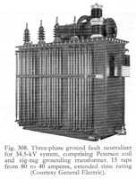 Fig. 308. - Three-phase ground fault neutralizer for 34.5-kV system, comprising Petersen coil and zig-zag grounding transformer. 15 taps from 80 to 40 amperes, extended time rating (Courtesy General Electric).