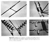 Figure 9.23. Installation of T2 conductors: (a) clipping crew installing suspension clamp; (b) typical 345-kV two-conductor suspension clamp and yoke; (c) rig used to dead-end T2 conductor; (d) strain clamp dead ends. (Courtesy of Kaiser Aluminum.)