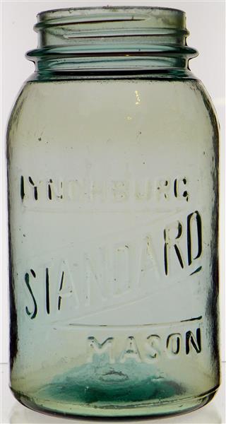 Quart Size

Embossed

LYNCHBURG
STANDARD
MASON
4

Per Justin, these were made between March and May, 1925 as part of a last ditch attempt to save the company.  There are three sizes -- pint, quart, and half gallon(?).   There are multiple mold numbers for each, I think going up to 8.